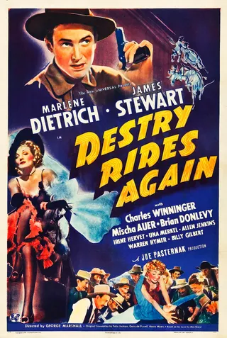 Görsel: "Copyrighted 1939 – Universal Pictures Corp." / Kamu malı Destry Rides Again afişi