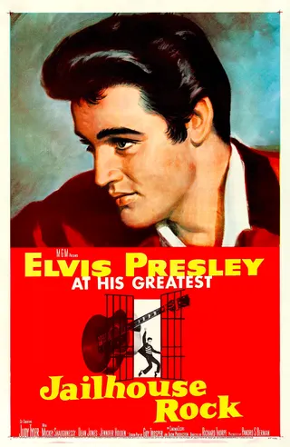 Görsel: "Copyright © 1957 Loew's Incorporated". Incorporates a portrait illustration of Elvis by Bradshaw Crandell (1896–1966) and unattributed publicity photography, presumably created by the film's distribu / Kamu malı Jailhouse Rock afişi