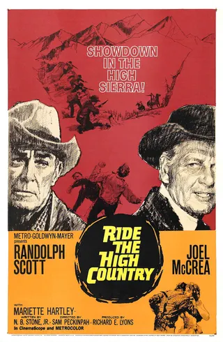 Görsel: Incorporates illustration by Howard Terpning. "Copyright © – Metro-Goldwyn-Mayer, Inc." / Kamu malı Ride the High Country afişi